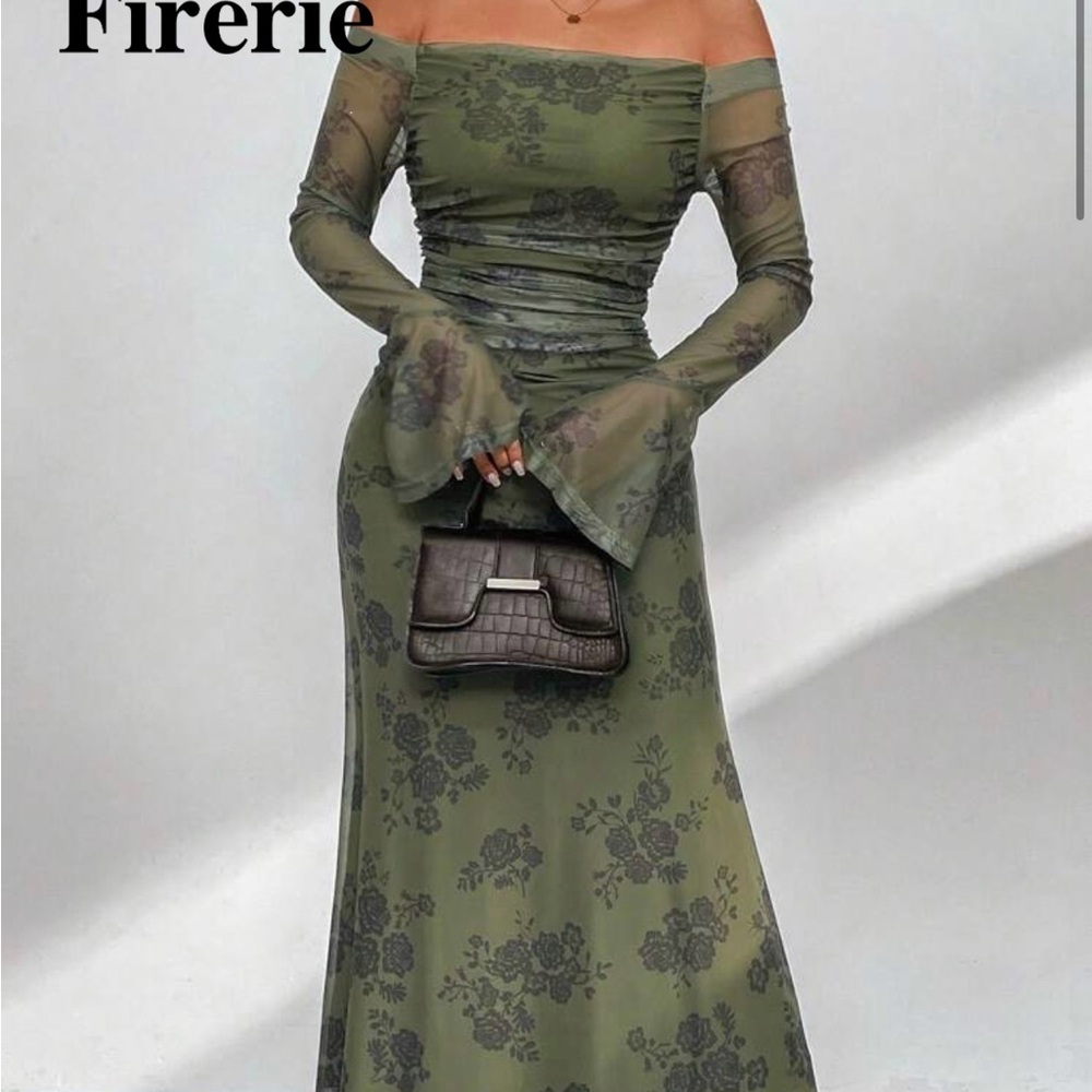 SHEIN Olive Green Dress with Black Floral Design